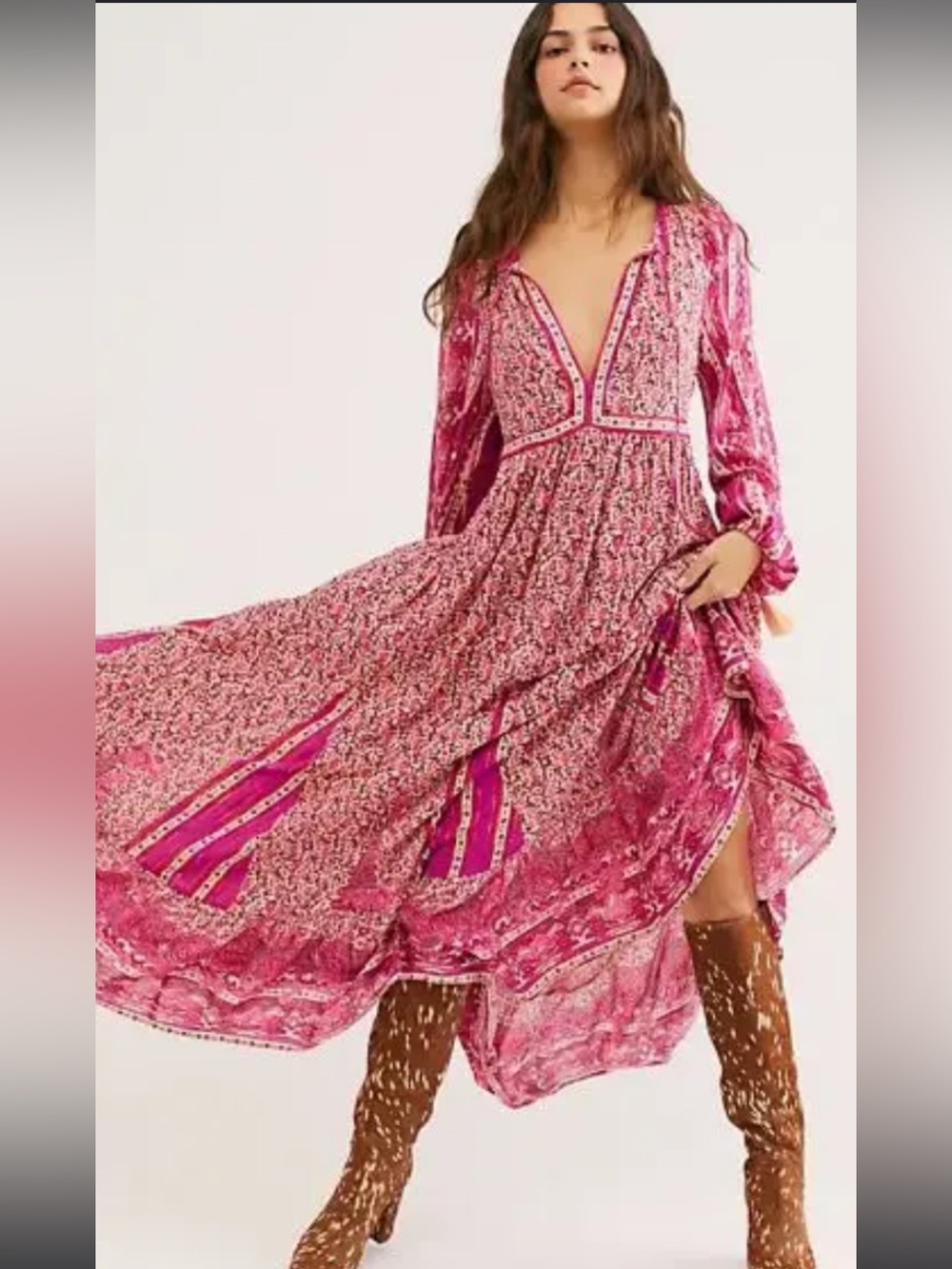 Free People Happy Feelings Maxi Dress vibrant fuchsia pink boho floral, Size M